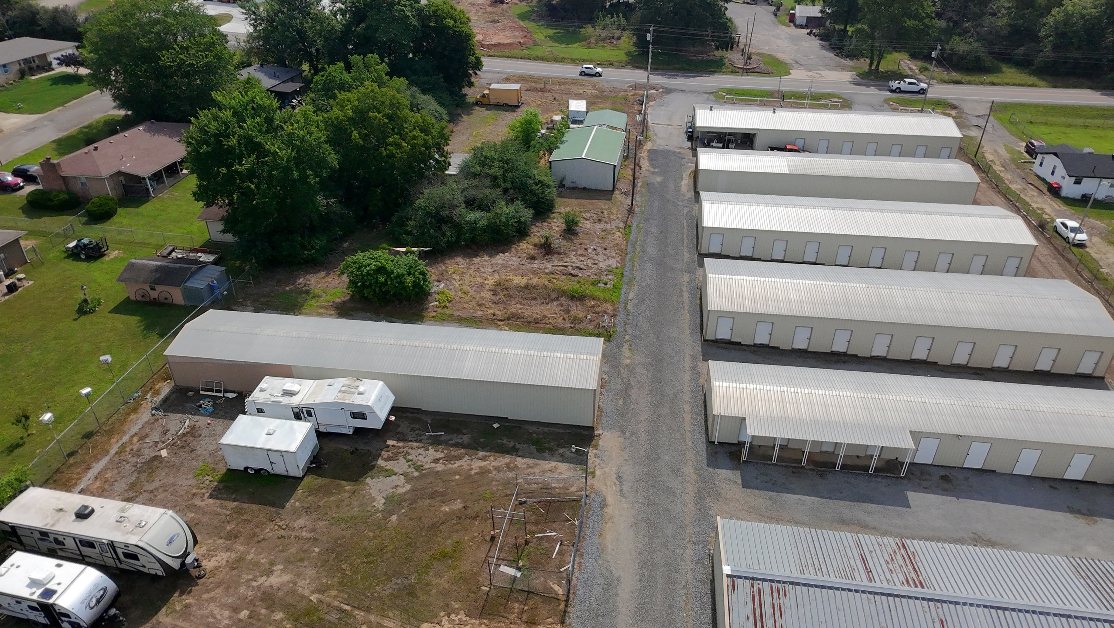 Aerial view of 59 Mini Storage buildings and RV storage in Van Buren, AR